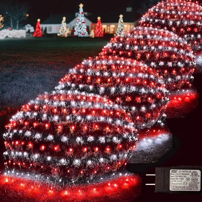 Pooqla Red and White Christmas Net Lights Outdoor, 21x 5ft Green Wire | 360 LED Large Net Mesh Lights Plug in, 8 Modes Waterproof Connectable Bushes Lights for Christmas Hedge Yard Decor