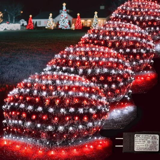 Pooqla Red and White Christmas Net Lights Outdoor, 21x 5ft Green Wire | 360 LED Large Net Mesh Lights Plug in, 8 Modes Waterproof Connectable Bushes Lights for Christmas Hedge Yard Decor