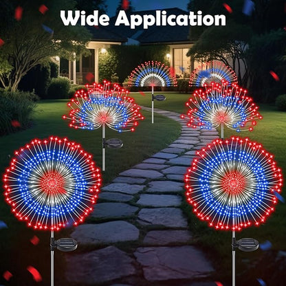 4th of July Decorations Solar Fireworks Lights, 4 Pack 180LED Red White Blue Lights with 8 Modes, Waterproof Solar Garden Light Outdoor for Memorial Day, Fourth of July, Patriotic Decorations