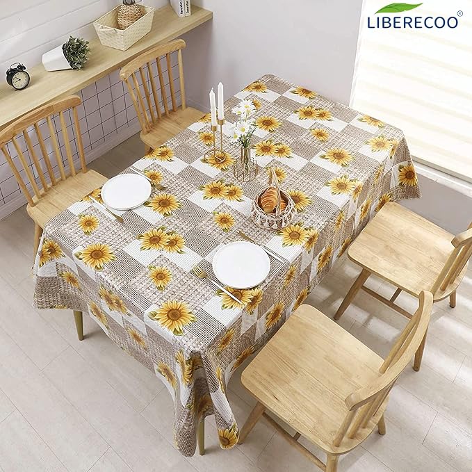 LIBERECOO Vinyl Tablecloth with Flannel Backing, Sunflower 60 x 84 Inch Rectangluar Tablecloths Stain-Resistant Waterproof Plastic Table Cover for Indoor/Outdoor