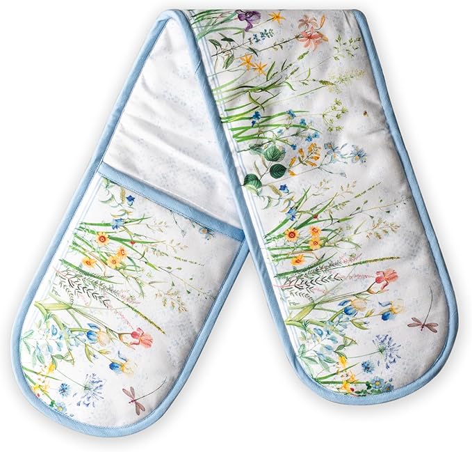 Maison d' Hermine Double Oven Mitts 100% Cotton 7"x35" Double Oven Mitt Heat Resistant BBQ Cooking Gloves with Loop Baking Grilling Kitchen Hotel Home Farmhouse Spring Summer (Fleurs De Mai)