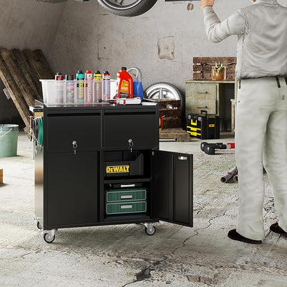 Aobabo Rolling Metal Garage Cabinet, Lockable Storage Cabinet with 2 Drawers, Pegboards, Hooks & Wheels, Heavy Duty Steel Utility Cabinet for Garage, Workshop, Home Office, Black, Assembly Required