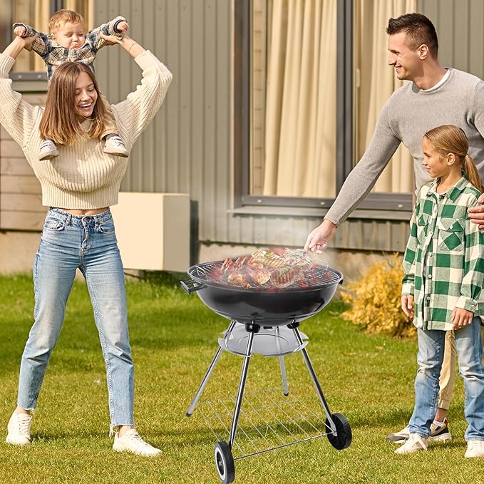 22-inch Charcoal Grill Kettle grill: Black Portable grill with stainless steel grilling net - backyard barbecue party grill (22inch)