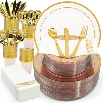 AIRE 350PCS Pink Gold Plastic Plates for Party Dinnerware Sets for 50 Guests, Disposable Plastic Party Supplies Plates, Cups, Spoons, Forks, Knives, Napkins for Wedding Birthday BBQ Christmas Parties
