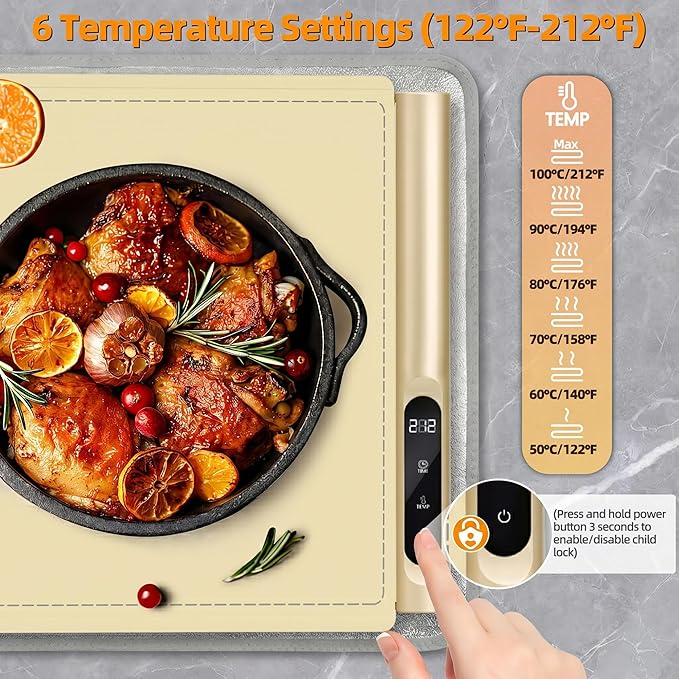 Newise Graphene Food Warming Mat, Extra Large (XXL 36”x 16") Electric Warming Tray with 6 Temp Settings, Portable Food Warmers for Buffets Party Countertop, Practical Gifts for Mom Wife, Beige