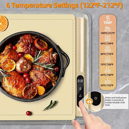 Newise Graphene Food Warming Mat, Extra Large (XXL 36”x 16") Electric Warming Tray with 6 Temp Settings, Portable Food Warmers for Buffets Party Countertop, Practical Gifts for Mom Wife, Beige