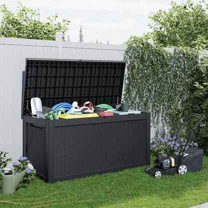 320 Gallon Outdoor Deck Box, Lockable Waterproof Outdoor Storage Boxes For Garden Tools,Indoor Cushions,Accessories Outside Storage Resin Weatherproof Container(Black)