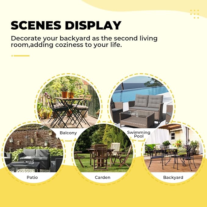 DANGHOOGY Wicker Chair Cushions, Waterproof Outdoor Loveseat Cushions for Patio Furniture, Tufted Wicker Furniture Cushions, 1 Loveseat and 2 U-Shaped Cushions, Yellow