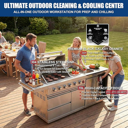 84" Modular Outdoor Kitchen Island, 75,300 BTU 6-Burner 304 Stainless Steel Gas Grill, Prefab BBQ Island Station with Side Burner, Rotisserie Kit, 70L Fridge & Sink, Propane to Natural Gas Ready