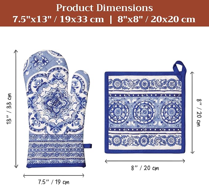 Maison d' Hermine 100% Cotton Oven Mitt & Pot Holder Set (7.5"x13" & 8"x8") | Heat Resistant BBQ Cooking Gloves with Loop Baking Grilling Kitchen Hotel Home Farmhouse Spring Summer - Melodie Bleue