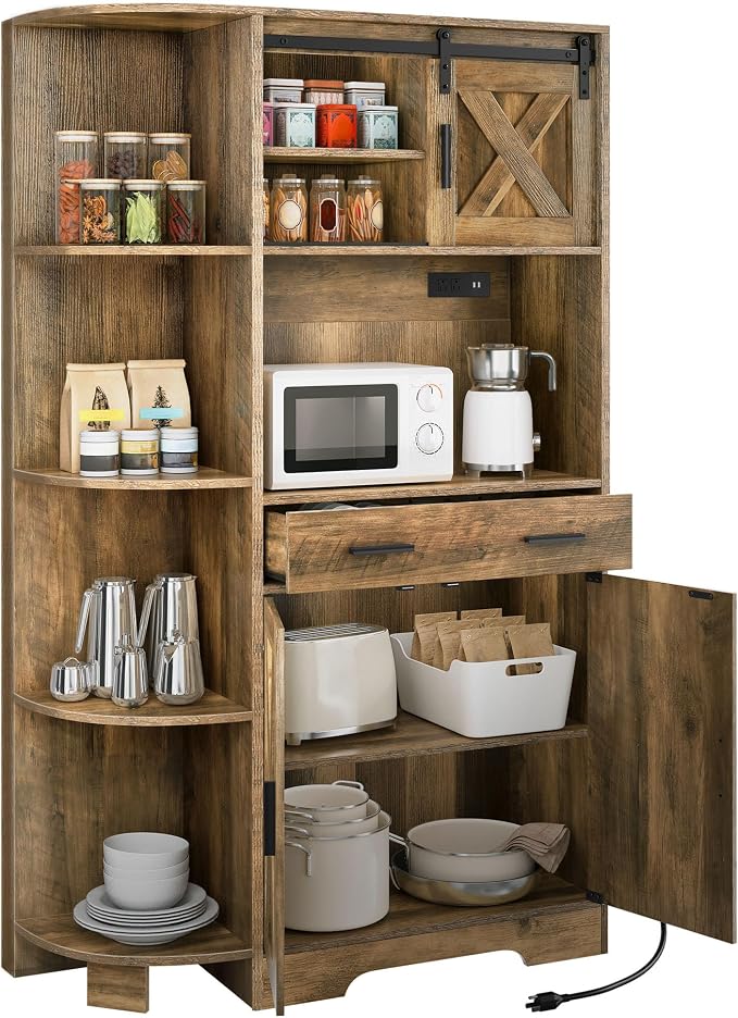 YITAHOME 67" Farmhouse Pantry with Power Outlet & Sliding Barn Door, Oak | Freestanding Hutch with Charging Station, Shelves & Drawer for Kitchen and Dining Room
