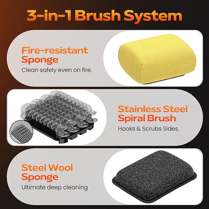 Reciprocating Electric Grill Brush, Fire-Resistant BBQ Grill Brush, Bristle-Free Grill Brush for Outdoor Grill, Grill Cleaner with 3 Heads, Cordless Grill Cleaning Brush with 3600 mAn, Silver