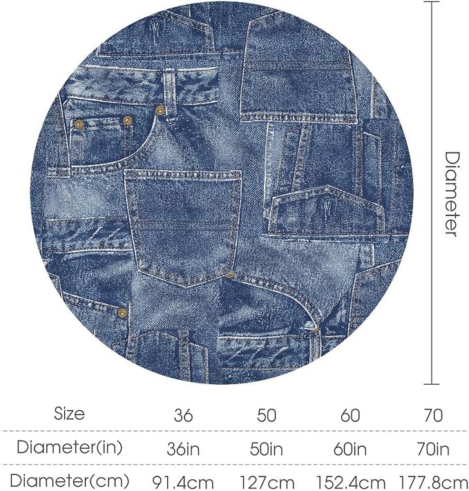 Denim Patchwork Print Style Round Tablecloth, Fashionable Denim Pattern Design (Not Denim Fabric) Water Resistant Table Cover for Farmhouse Picnic Party Holiday Kitchen Dinner Table 70"