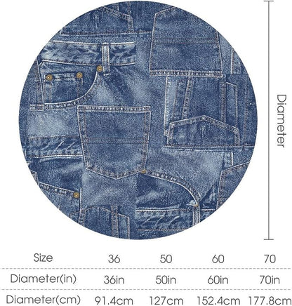Denim Patchwork Print Style Round Tablecloth, Fashionable Denim Pattern Design (Not Denim Fabric) Water Resistant Table Cover for Farmhouse Picnic Party Holiday Kitchen Dinner Table 36"