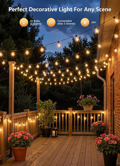 100Ft Outdoor String Lights with Remote, Dimmable G40 LED Bulbs, Waterproof | Shatterproof Connectable Hanging Patio Lights for Porch, Backyard, Bistro, Deck, Balcony, Home, Garden Decor
