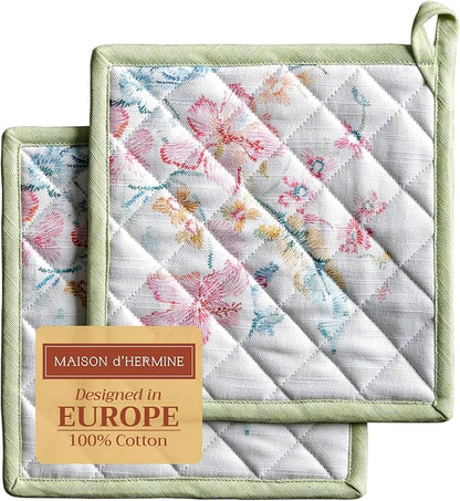 Maison d' Hermine Pot Holders 100% Cotton Heat Resistant Potholders 8" x 8" Hot Pads with Loop BBQ Cooking Baking Hotel Farmhouse Kitchen Handling Hot Pans Spring Summer (Pack of 2, Paradise Island)