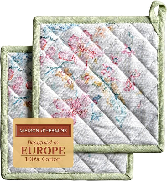 Maison d' Hermine Pot Holders 100% Cotton Heat Resistant Potholders 8" x 8" Hot Pads with Loop BBQ Cooking Baking Hotel Farmhouse Kitchen Handling Hot Pans Spring Summer (Pack of 2, Paradise Island)
