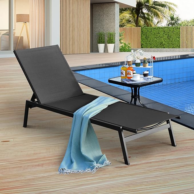 Tangkula Outdoor Chaise Lounge Chair Set of 2, 6-Position Adjustable Reclining Chair with Breathable Fabric and Heavy Duty Steel Frame, Patio Lounge Chair for Garden, Backyard and Poolside (2, Black)