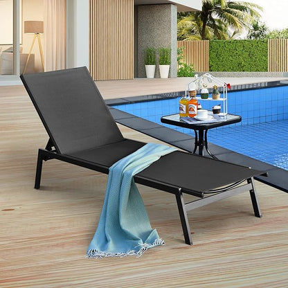 Tangkula Outdoor Chaise Lounge Chair Set of 2, 6-Position Adjustable Reclining Chair with Breathable Fabric and Heavy Duty Steel Frame, Patio Lounge Chair for Garden, Backyard and Poolside (2, Black)