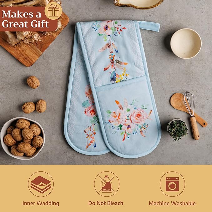 Maison d' Hermine Double Oven Mitts 100% Cotton 7"x35" Double Oven Mitt Heat Resistant BBQ Cooking Gloves with Loop Baking Grilling Kitchen Hotel Home Farmhouse Spring Summer (Ibiza - Blue)