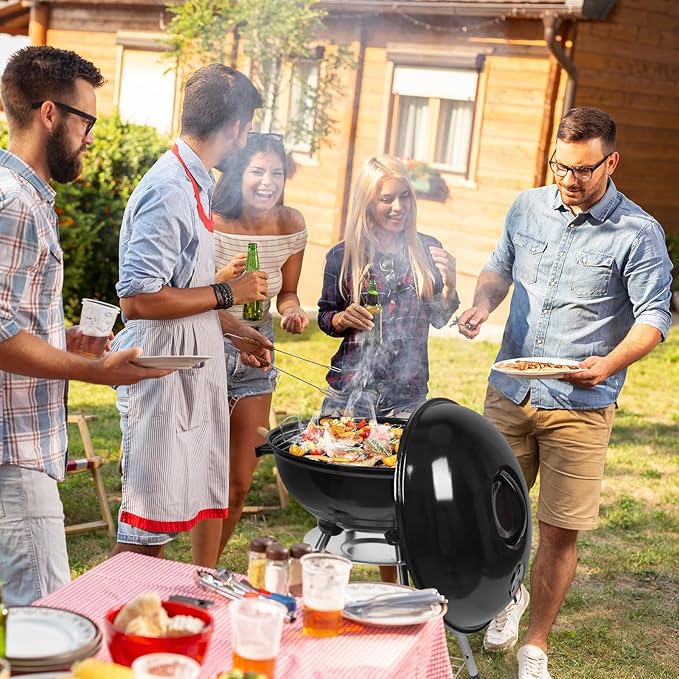 Outvita Charcoal Grill, 18 inch Stainless Steel BBQ Charcoal with Wheels and Storage Holder for Camping, Picnic, Barbecue, Party, Outdoor Activities