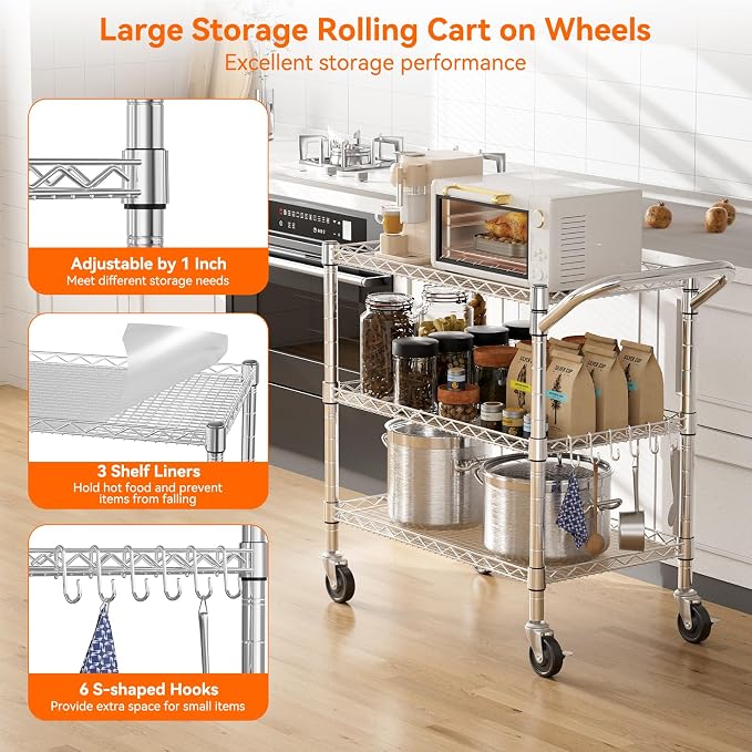 NTE 3 Tier Heavy Duty Rolling Utility Cart on Wheels, 990Lbs Capacity Rolling Wire Cart, Kitchen Carts on Wheels, NSF Commercial Metal Serving Cart with Handle and Shelf Liners for Kitchen, Restaurant