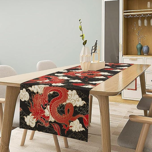 Asian Red Dragon Table Runner Traditional Chinese Japanese Dragons Flying Mascot Animal Clouds Dinner Runner Table Decoration for Home Kitchen Dining Table Party Decoration 13x120in