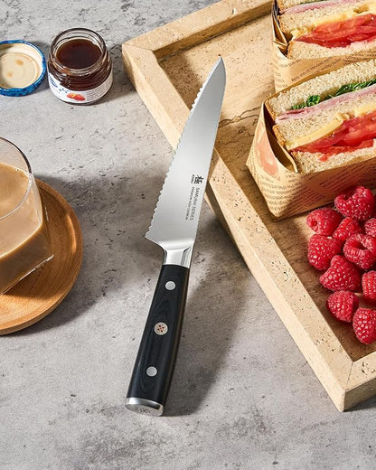 KYOKU 5.5 in. Serrated Utility Knife, Samurai Series Japanese Utility Chef Knife with Pakkawood Handle, German 1.4116 Stainless Steel Full Tang Sandwich Tomato Knife with Protective Sheath & Gift Box