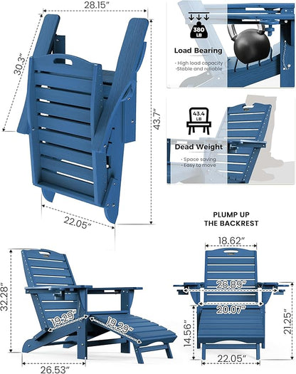 Ciokea Folding Adirondack Chair Set of 4 with Retractable Ottoman Fire Pit Patio Chair with Pull Out Foot Rest Weather Resistant Lawn Outdoor Chair with 2 Cup Holder (Navy Blue)