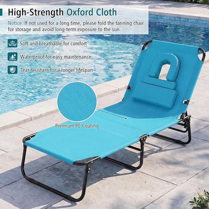 GYMAX Tanning Chair, Folding Lounge Chairs with Face Hole & Cover, Removable Pillow Carry Handle, Portable Compact Outdoor Layout Recliner for Beach, Poolside, Lawn, Patio, Camping (Turquoise,2)