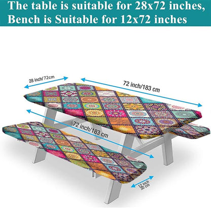 Boho Floral Picnic Fitted Tablecloth with Benches Covers, 3-pc Set, Flowers and Leaves Boho Camping Picnic Tablecloth Cover with Elastic Edge for Indoor/Outdoor/Patio, 72x28 in, Pink Blue