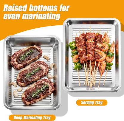 2-Set Drip EZ BBQ and Meal Prep Tub, Grill Carry System, Grill Prep Tray for Serving, Meat Platter with Cutting Board for Outdoor Grill, Marinating Container with Lid, Stainless Steel