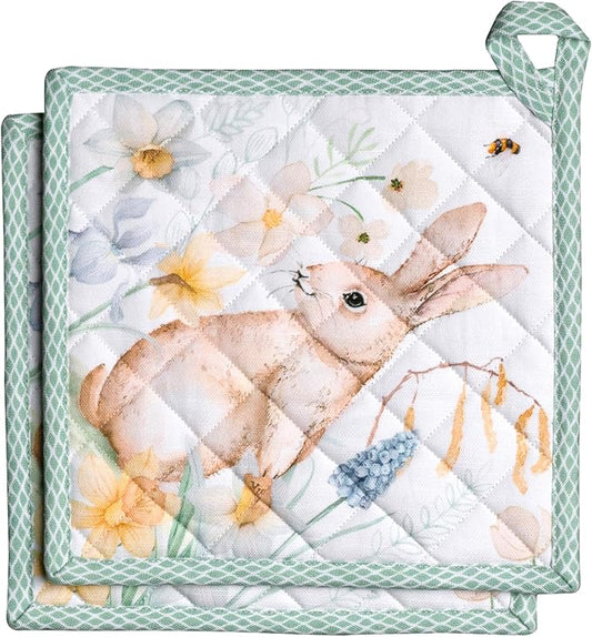 Maison d' Hermine Pot Holders 100% Cotton Heat Resistant Potholders 8" x 8" Hot Pads with Loop BBQ Cooking Baking Hotel Farmhouse Kitchen Handling Hot Pans Spring Summer (Pack of 2, Easter Dew)