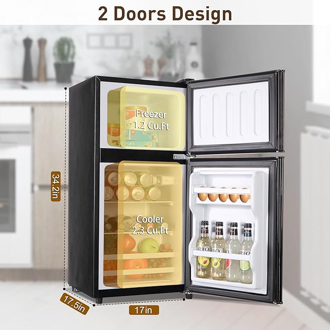 Mini Refrigerator with Freezer, 3.5 Cu. Ft. Small Fridge with Freezer 2 Door Mini Fridge with 7-Level Adjustable Thermostat Removable Shelves, Compact Refrigerator for Office/Dorm/College/RV, Black