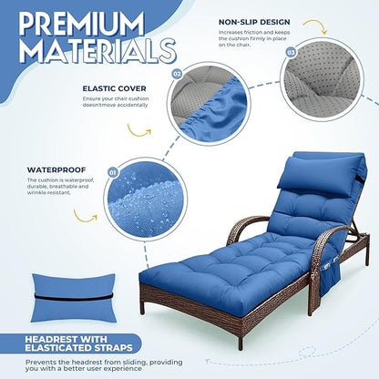 Outdoor Chaise Lounge Cushion, Waterproof Lounge Chair Cushion for Outdoor Furniture, 71 x 21 x 4 Inches Patio Cushion with Straps for Lawn Pool Furniture (Royal Blue, Lounge Chair Cushion)