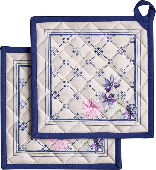 Maison d' Hermine Pot Holders 100% Cotton Heat Resistant Potholders 8" x 8" Hot Pads with Loop BBQ Cooking Baking Hotel Farmhouse Kitchen Handling Hot Pans Spring Summer (Pack of 2, Faience)