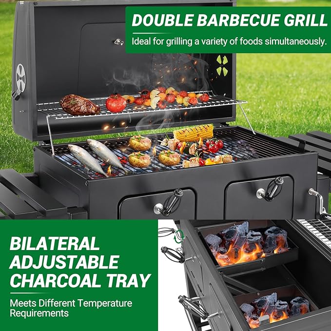 Outvita Extra Large Charcoal BBQ Grill with Oversize Cooking Area with Two Individual & Adjustable Charcoal Tray, Foldable Side Tables for Outdoor Cooking Backyard Patio Picnics