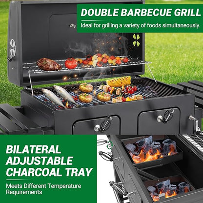 Large Charcoal BBQ Grill, Portable 2 in 1 Barbecue with Spacious Cooking Area, Foldable Side Tables & Wheels, Outdoor Garden Barbecue Smoker for Camping Backyard Patio Party Picnic