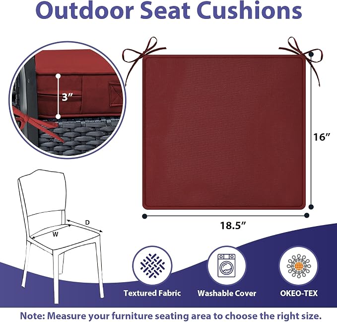 IPYNBAP Outdoor Chair Cushions Set of 4 -Waterproof Outdoor Seat Cushions for Patio Furniture, Patio Chair Cushion with Handle and Ties, Out Door Chair Pads,18.5x16x3-Square, Burgundy