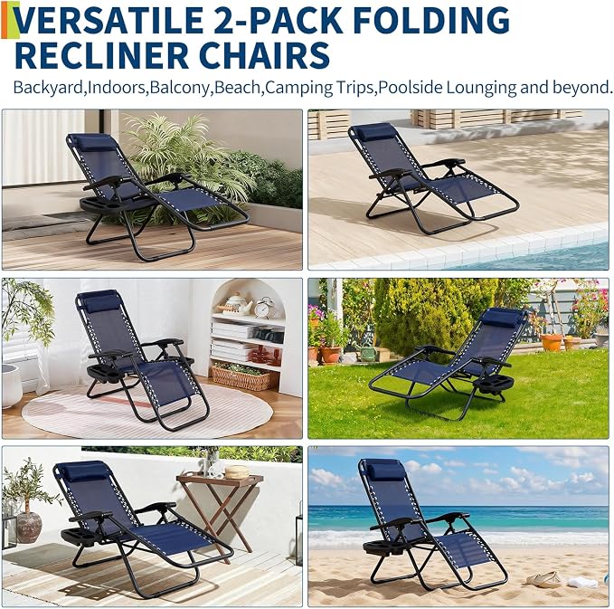 Garvee Outdoor Reclining Lounge Chair Set of 2 with Cup Holder & Padded Headrest, Adjustable Patio Folding Chairs, Heavy Duty Portable Camping Lawn Chairs for Pool, Backyard, Beach, Deck Blue