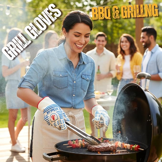 GRILL HEAT AID BBQ Grill Gloves Heat Proof for Grilling – Fireproof 1472°F Heat-Resistant Grill Mitts for Outdoor Barbecue and Smoker, Campfire, Fire Pit, Oven Glove with Fingers for Baking Pizza