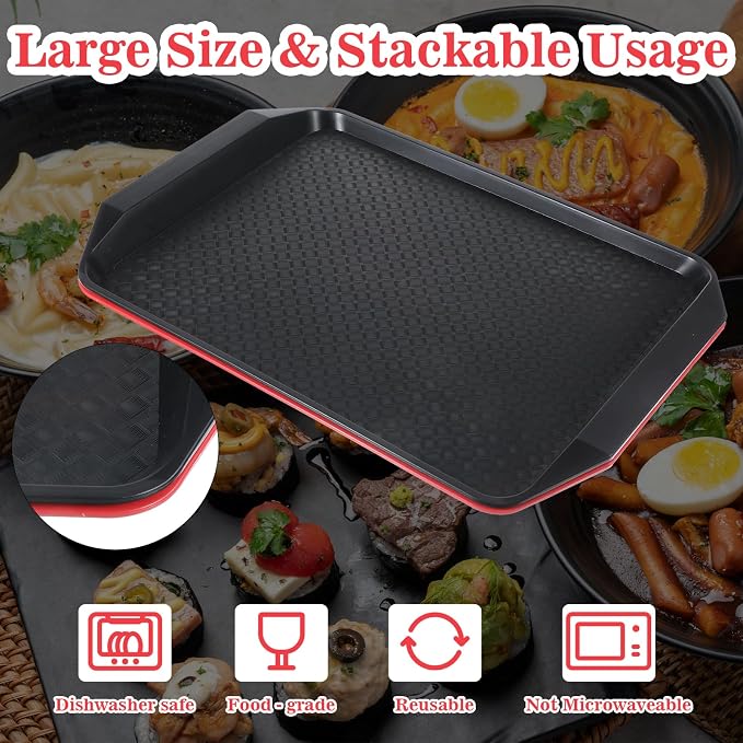 4 Pcs Grilling Prep and Serve Trays, 17x12 Inch BBQ Plastic Nesting Trays for Raw and Cooked Food, Dishwasher Safe Marinating and Serving Platters, Black and Red
