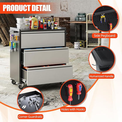 Aobabo Metal Garage Storage Cabinet with Wheels, 3 Drawer Rolling Cabinet with Lockable Wheels and Pegboards for Workshop Office, 35.43" H x 30.31" W x 18.11" D, Black/Gray, Assembly Required,
