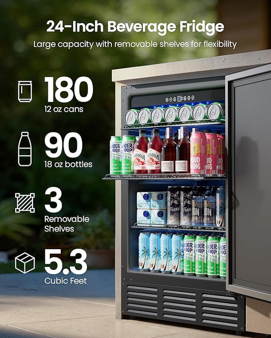 24 Inch Beverage Refrigerator, 180 Can Under Counter Fridge, Stainless Steel Outdoor Fridge for Patio & Outdoor Kitchen, Outdoor Refrigerator for Soda, Beer, Built-in & Freestanding(Black)