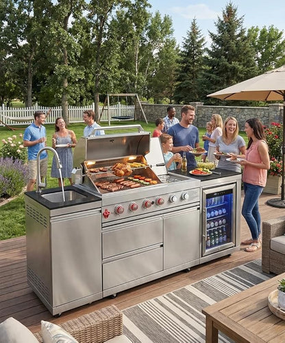 BBQ Outdoor Kitchen Island Grill Barbecue Modular Patio Kitchens Kits with Electric Rotisserie, Sink, fridge, and Burner for More than 10 People (Silver 85'')