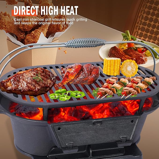 Portable Cast Iron Hibachi Grill - Pre-Seasoned Charcoal Grills, Double-Sided Grate & Adjustable Air Vents, BBQ for Camping, Backyard, Tailgating (Ellipse)