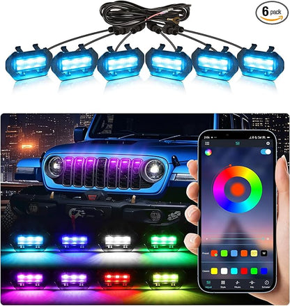 LED Grill Lights for Jeep Wrangler JL JLU Accessories 2024-2026, RGB | Direct-Snap Front Grille LED Accent Marker Lights, IP68 Waterproof, Enhanced Night Visibility, Raptor-Style Exterior Lighting