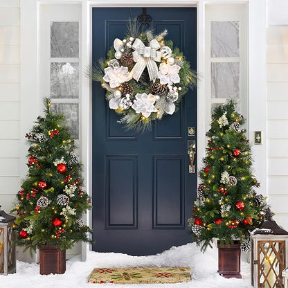 GarveeHome Christmas Wreath with Lights, 24 in Pre-lit Silver White Xmas Wreath with 20 Battery Operated LED Lights Artificial Magnolia Flower & Bow for Front Door Window Indoor Outdoor Decorations
