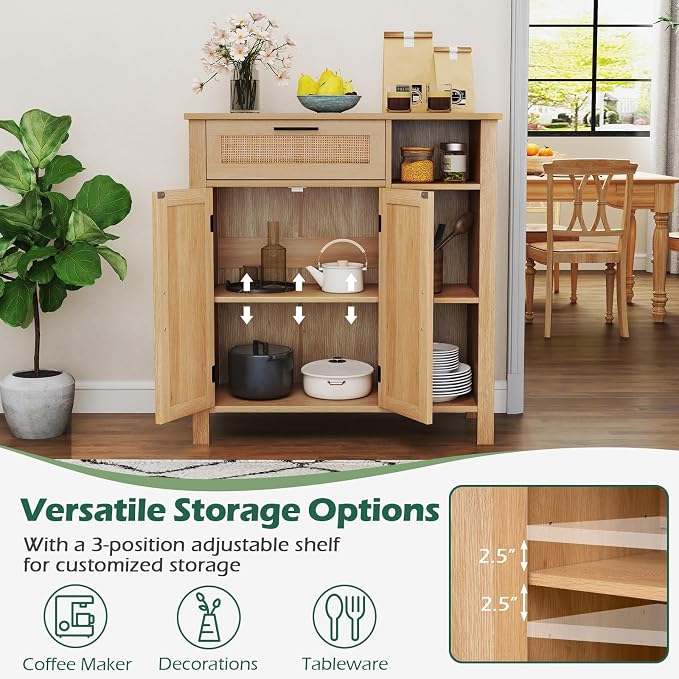 Giantex Buffet Cabinet with Storage, Boho Rattan Sideboard with 2 Doors, Drawer, 3 Open Cubbies, Adjustable Shelf, Freestanding Accent Cabinet for Kitchen,Living Room, Natural