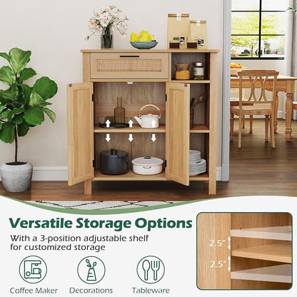 Giantex Buffet Cabinet with Storage, Boho Rattan Sideboard with 2 Doors, Drawer, 3 Open Cubbies, Adjustable Shelf, Freestanding Accent Cabinet for Kitchen,Living Room, Natural